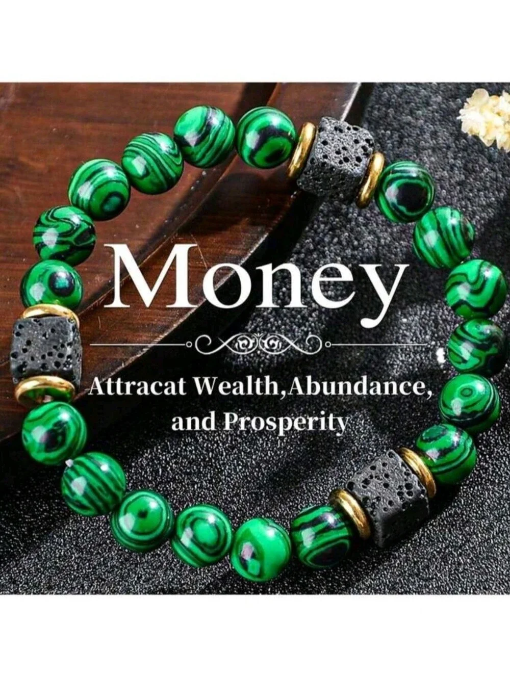 Money Bracelet Natural Volcanic Stone Emerald Peacock Stone Attracts Wealth Men